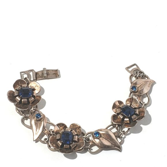 Vintage Sterling Silver Vermeil Flower Link Blue Stone Bracelet #7904 - Picture 4 of 6